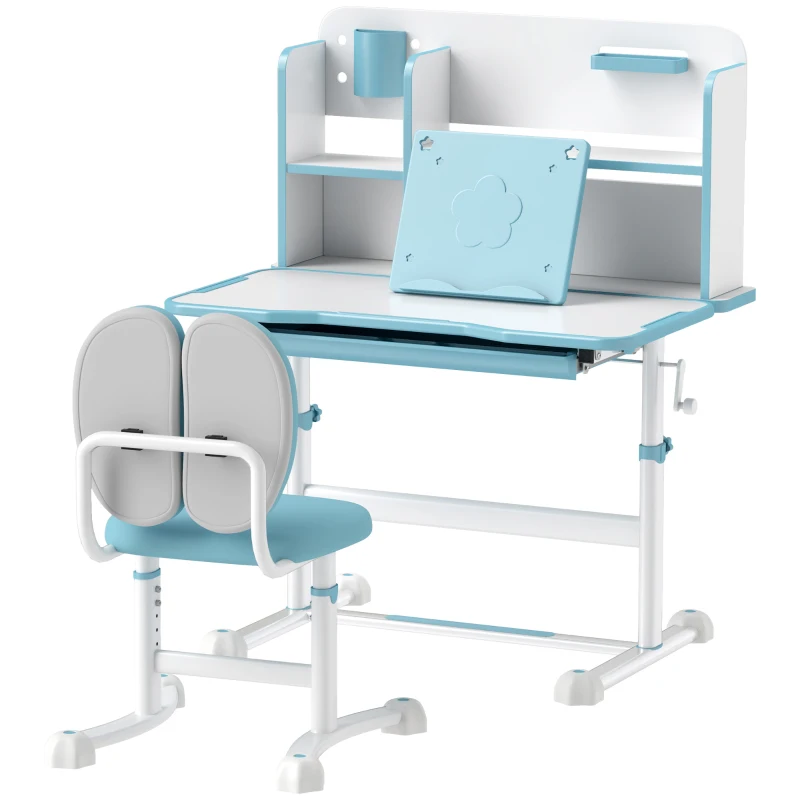 AIYAPLAY Set Scrivania e Sedia per Bambini Regolabili, Banco Scuola con Piano Inclinabile, Cassetto, Scaffale, Blu