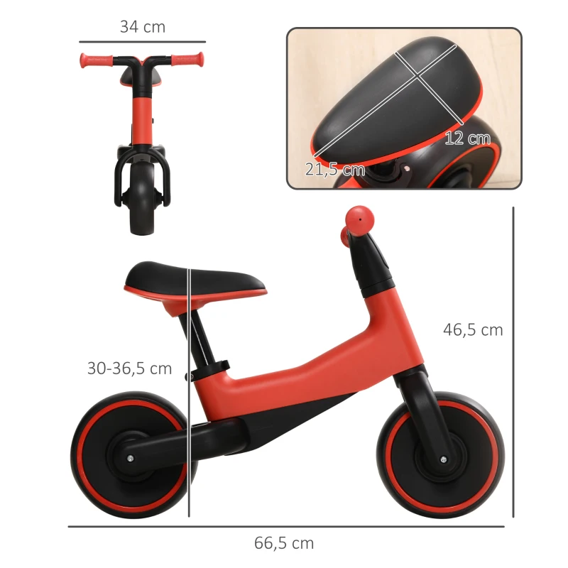 AIYAPLAY Bicicleta sin Pedales para Niños de + 18 Meses Triciclo Infantil con Sillín Ajustable en 30-36,5 cm 66,5x34x46,5 cm Rojo