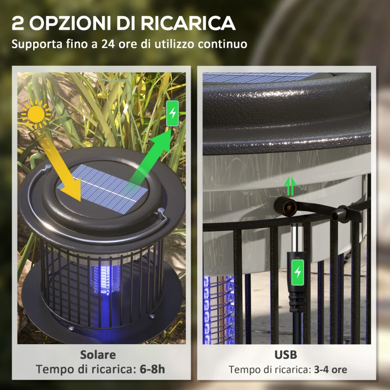 Outsunny Set 2 Lampade Antizanzare da Esterno 2 in 1 con Luce LED e UV, Ricarica Solare e USB, Nero