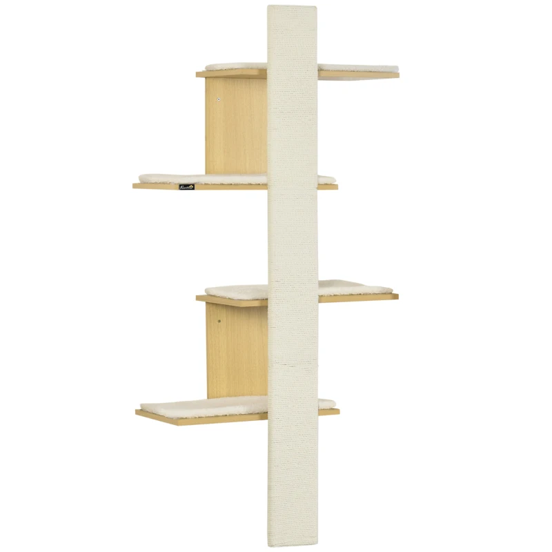 PawHut Four-Layer Wall-Mounted Shelf, with Cushions, Scratching Board - Oak Tone