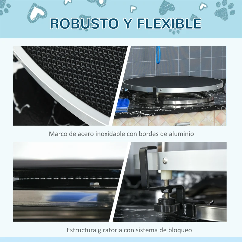 PawHut Mesa de Peluquería para Mascotas Mesa de Aseo con Base Giratoria Brazo Ajustable de 46-72 cm de Acero Inoxidable con Correa Ø65x10 cm Negro