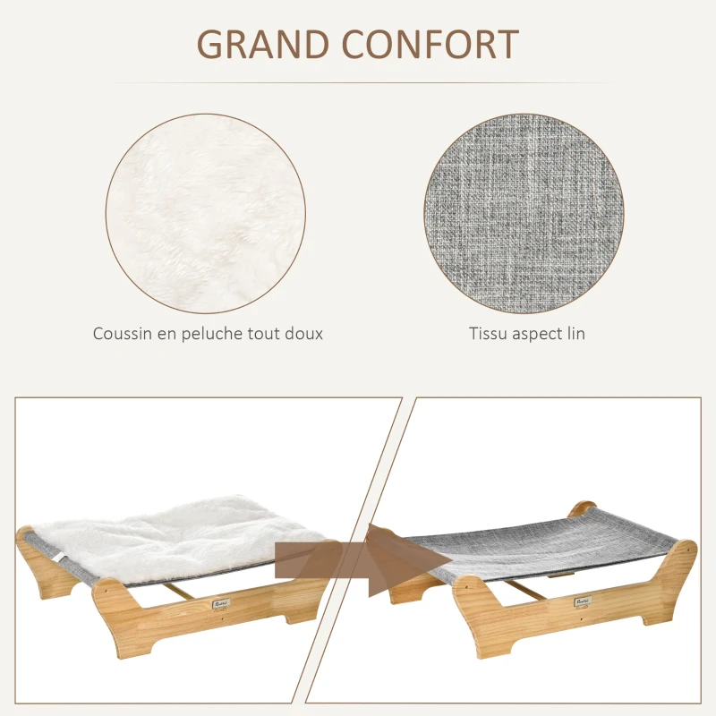 PawHut Lit pour chat chienchat lit hamac pour chat et chien avec coussin en peluche douce et confortable cadre en bois de pin solide et stable lavable en machine 68 x 43 x 20 cm