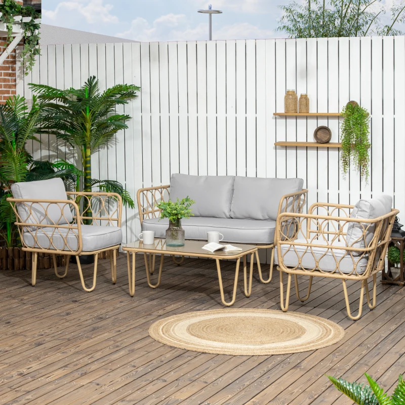 Outsunny Conjunto de Jardín de Ratán Sintético con Sofá Doble 2 Sillones y Mesa de Centro con Encimera de Cristal y Cojines