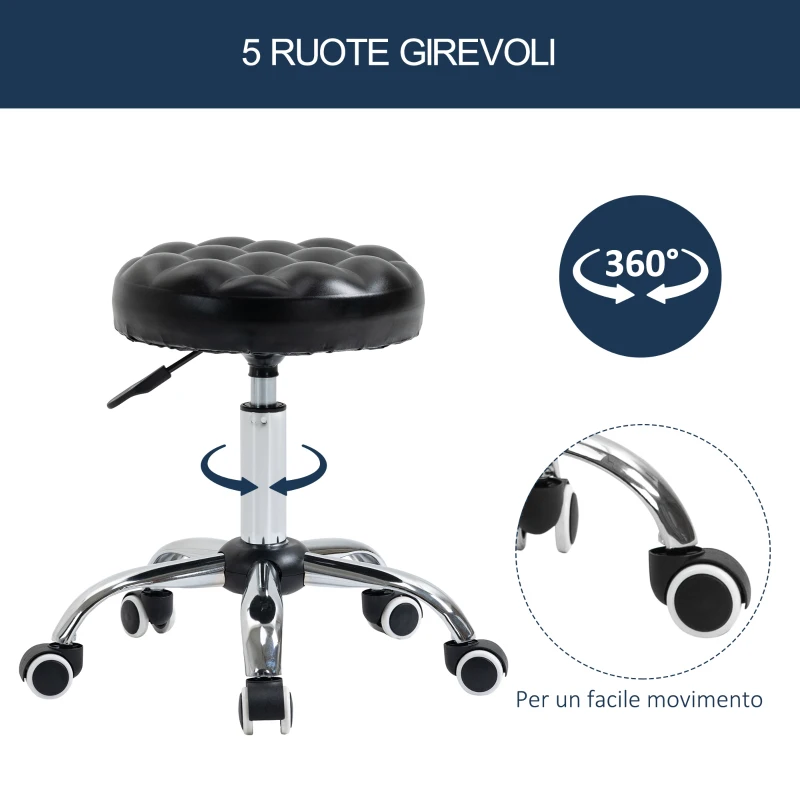 HOMCOM Sgabello ad Altezza Regolabile con 5 Ruote, in Acciaio, Gommapiuma e pelle PU, Ф48x47-59Acm