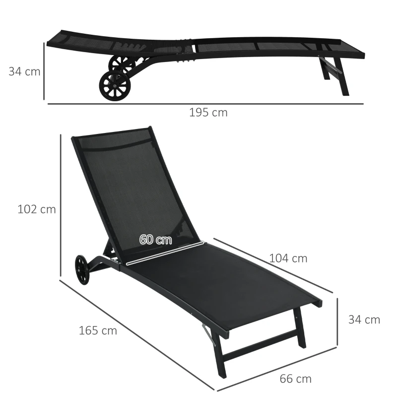 Outsunny Lot de 2 bains de soleil en aluminium et textilène avec roulettes dossier inclinable charge max. 150 Kg noir