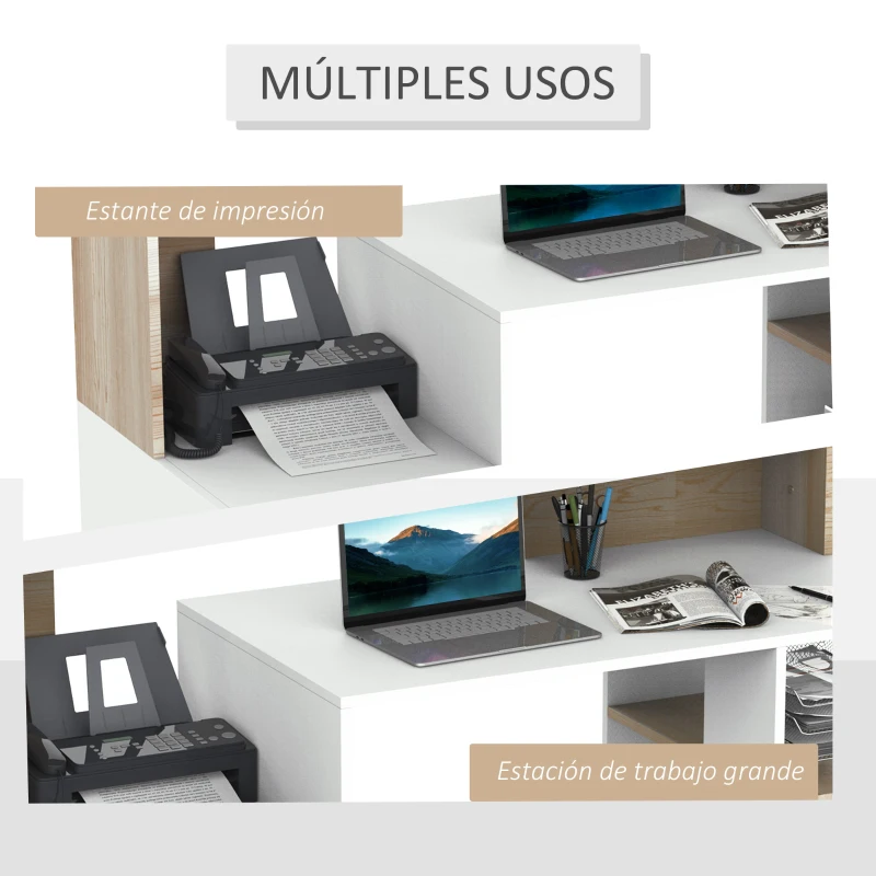 HOMCOM Mesa de Ordenador PC 137x55x92 cm Escritorio con Estantería de 3 Estantes 2 Cajones y Soporte para Impresora para Oficina Estudio Despacho Blanco y Roble