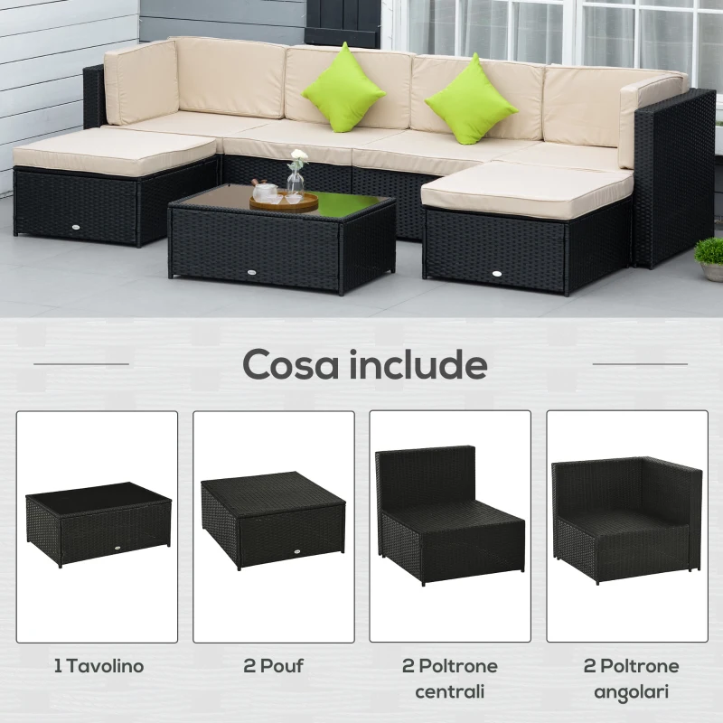 Outsunny Set da 7 Pezzi Salotto da Esterni in Rattan con Poltrona Pouf Tavolino Nero e Beige