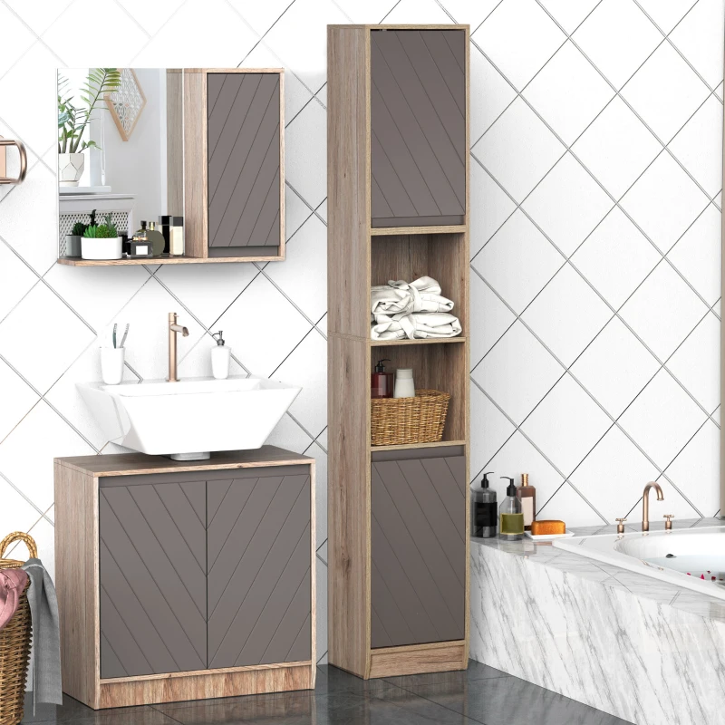 HOMCOM Mobiletto Salvaspazio per Bagno in Legno, Mobile da Bagno con 2 Armadietti e Ripiani Regolabili, Design a Colonna, 30x24x170 cm, Grigio e Rovere