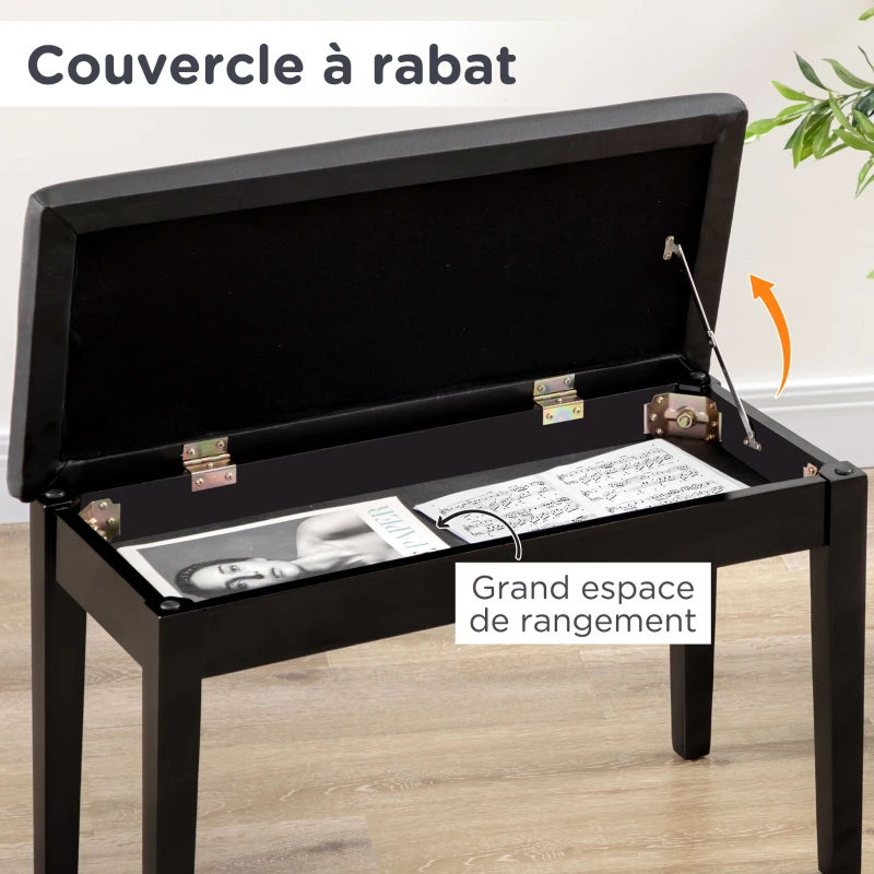 HOMCOM Banc pour piano avec assise rembourrée pieds en bois massif revêtement synthétique 75 x 35 x 49 noir