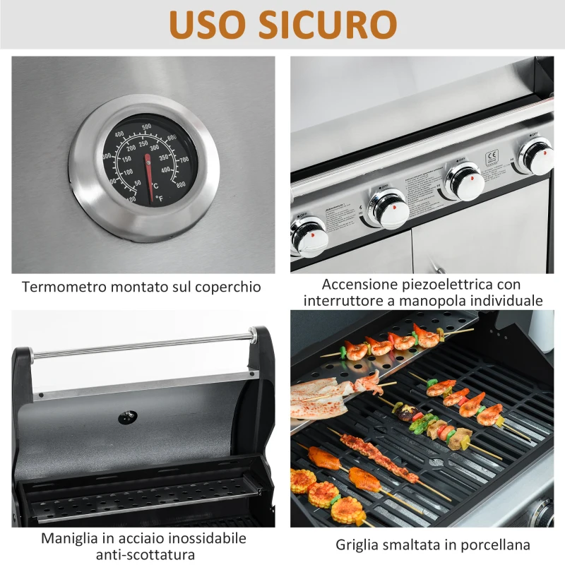 Outsunny Barbecue Gas con Coperchio e 5 Bruciatori da 15.2kW e 4 Ruote, 128x56x113cm