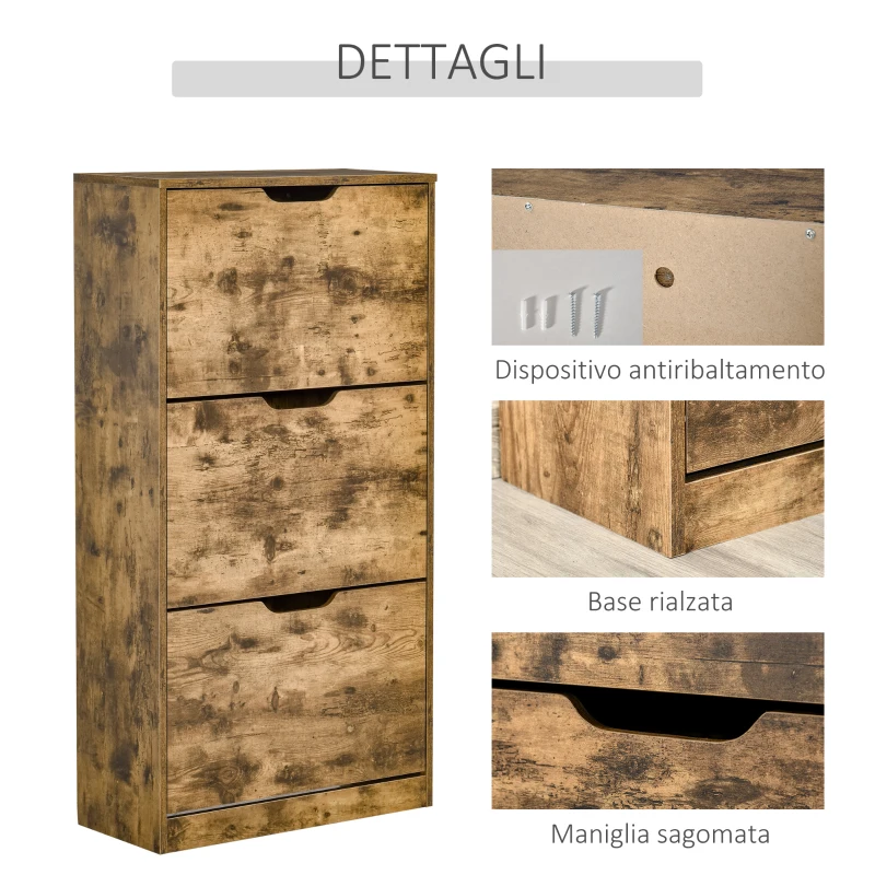 HOMCOM Mobile Scarpiera Salvaspazio a 3 Ante con Mensole Regolabili per 12-18 Scarpe, in Legno, 62.5x26x117.5cm, Marrone Rustico
