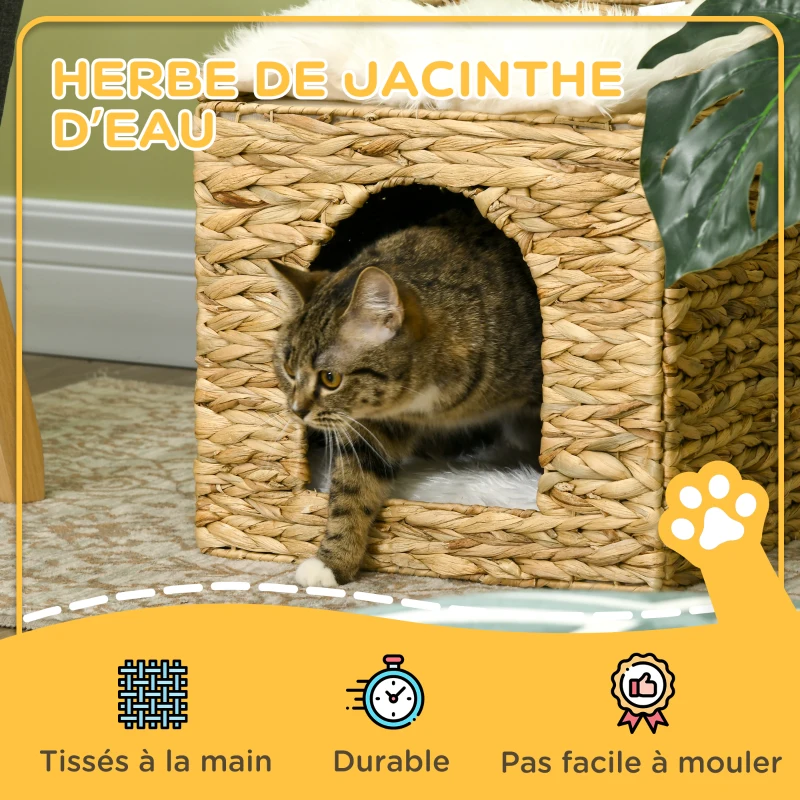 PawHut Niche pour chat 2 niveaux avec 2 coussins en jacinthe d'eau - 37,5 x 37,5 x 41,5 cm marron crème