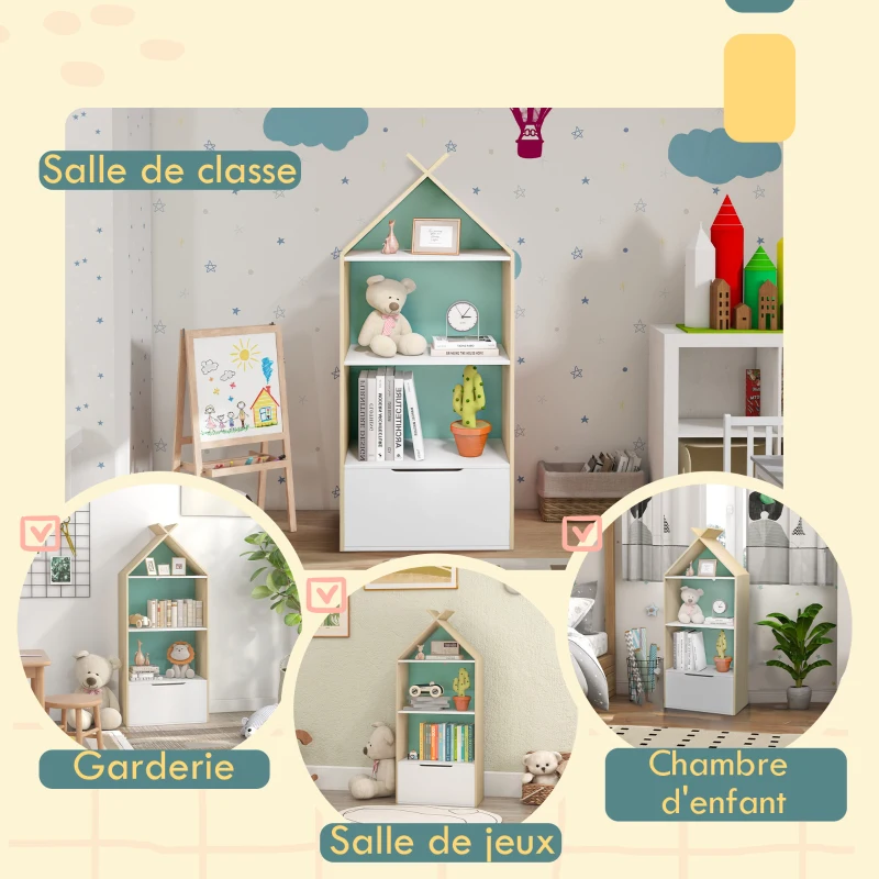 AIYAPLAY Bibliothèque enfant 3 étagères 1 tiroir style scandinave meuble de rangement forme de maison 50l x 30P x 119,5H cm, vert