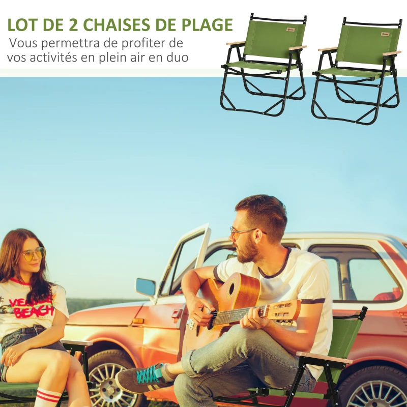 Outsunny Lot de 2 chaises de plage camping pliantes - structure en aluminium - dim. 55L x 55l x 66H cm vert