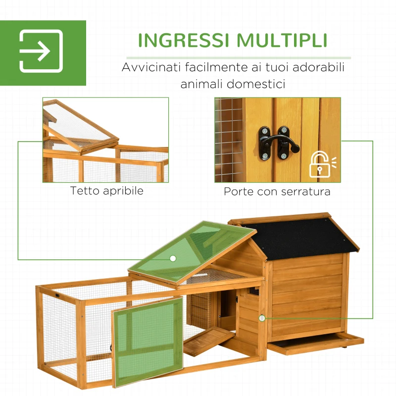PawHut Pollaio per Galline con Casetta, Area di Corsa e di Cova, e Vassoio Estraibile in Legno 180x92x78cm