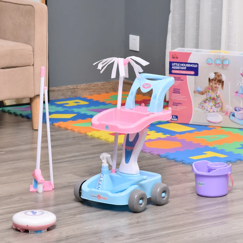 HOMCOM 23 PCS Kids Toy Cleaning Trolley Set Pretend Play Kit, Little Helper Tools, Sweeper Robert w/ Music & Light, Includes Broom, Mop, Bucket for 3-6 Years