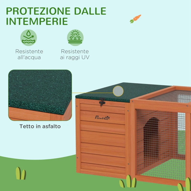 PawHut Conigliera in Legno con 2 Casette, Recinto Centrale e Tetto Apribile, 140x52x46cm, Arancione