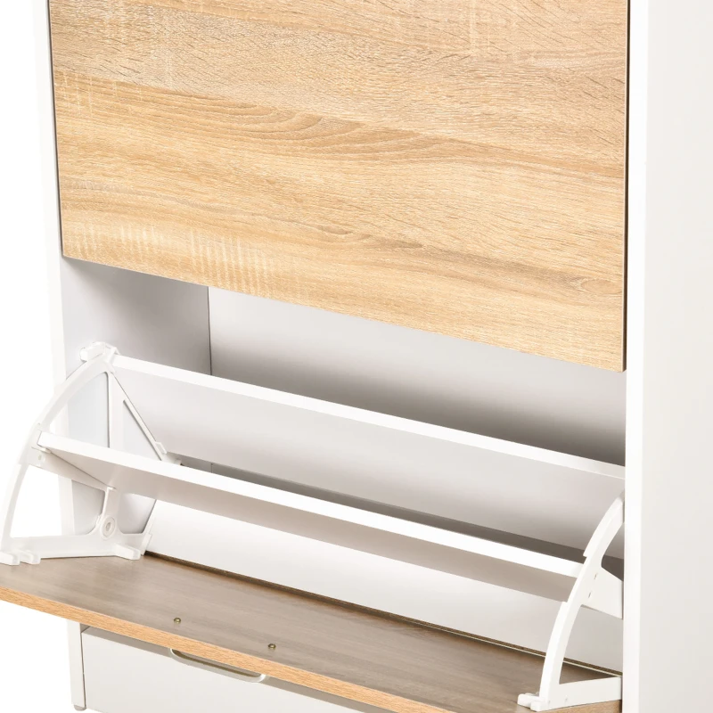 HOMCOM Armoire à Chaussures Meuble rangement Chaussures 2 Portes abattantes 2 Compartiments, tiroir, Plateau en Verre - Bois chêne Blanc