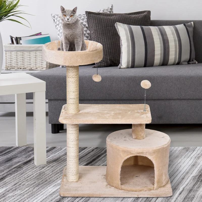 PawHut Cat Tree for Indoor Cats with Scratching Post Climbing Tower Kitty Activity Centre Condo Perch Jumping Platforms Beige 60L x 40W x 81H cm