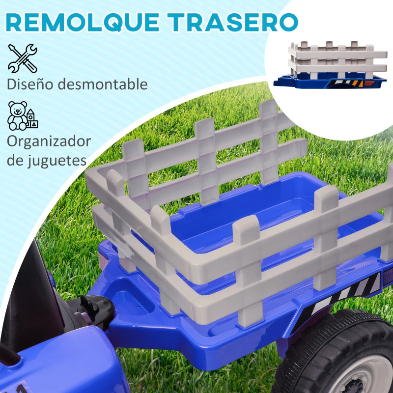 HOMCOM Tractor Eléctrico con Remolque para Niños 3-6 Años con Control Remoto y Cinturón de Seguridad 136,5x50x52,5 cm Azul