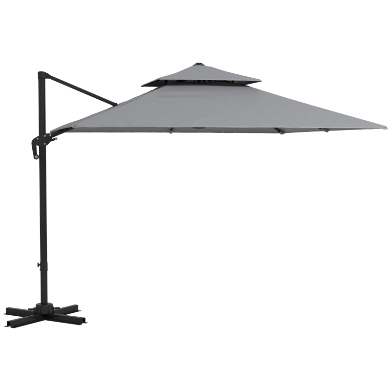 Outsunny 3 x 3(m) Cantilever Parasol with Aluminium Frame, Crank and Tilt, 360-Degree Rotation, Double Top Garden Umbrella with Cover (Only Cross Base), Light Grey