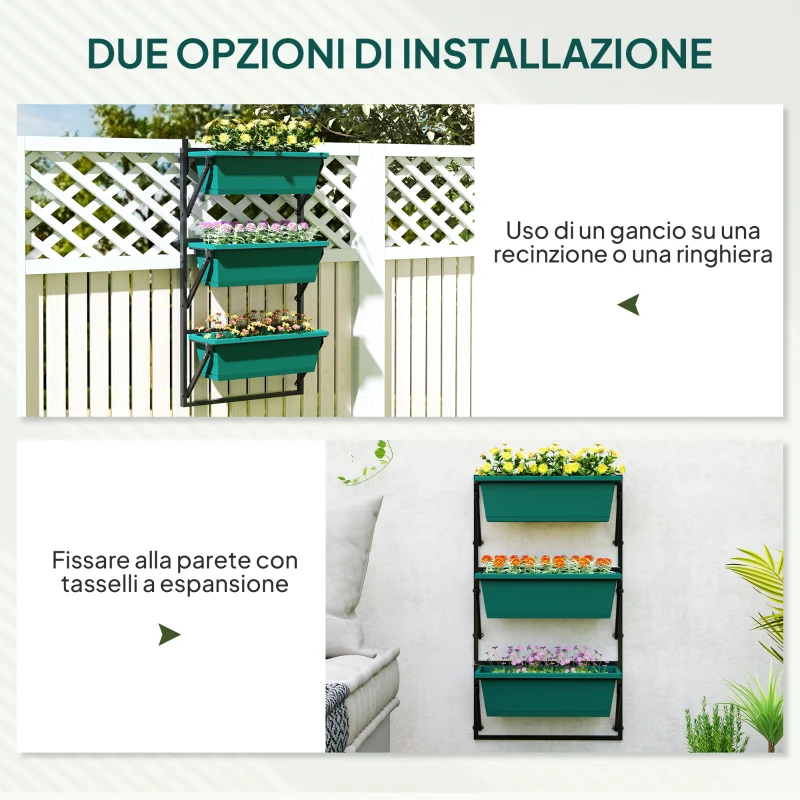 Outsunny Fioriera da Esterno Verticale e 3 Vasi per Piante in Plastica con Fori di Drenaggio, 56x42x100 cm, Verde