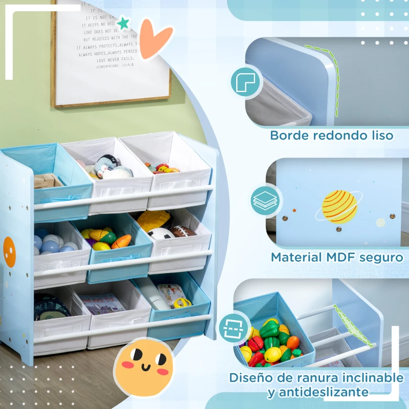 ZONEKIZ Organizador de Juguetes con 9 Cajas de Tela no Tejida Extraíbles para Dormitorio Guardería 63x30x60 cm Azul