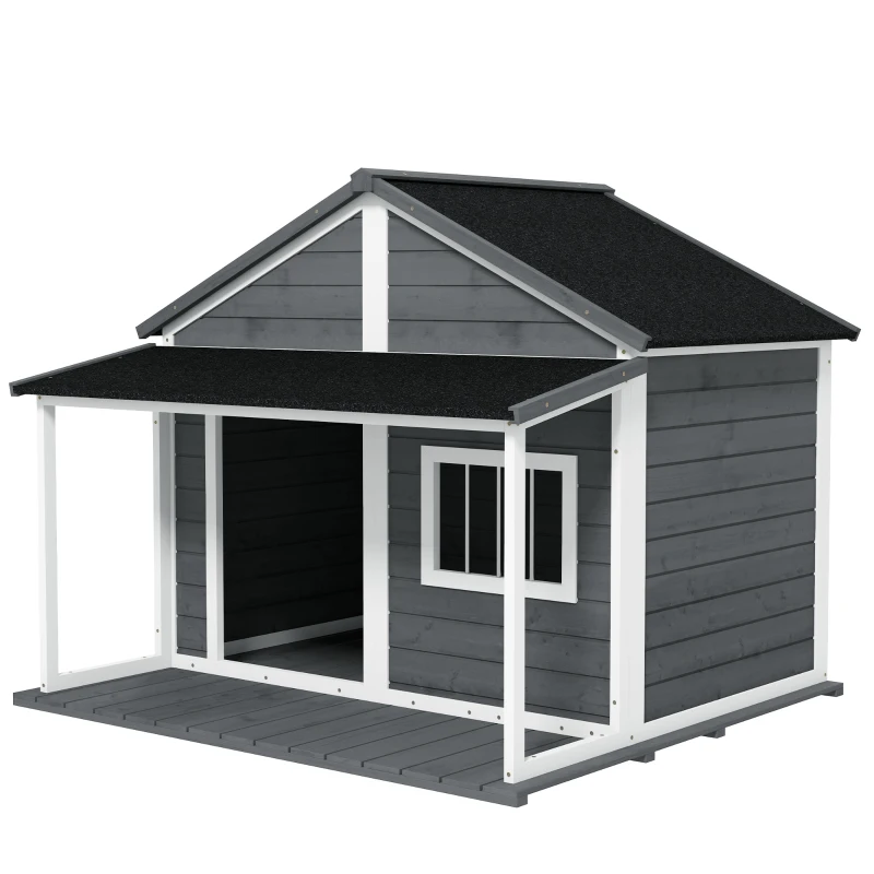 PawHut Cuccia per Cani da Esterno con Terrazza, Finestra e Tetto Impermeabile, 124x112x105cm, Grigio(m-10)