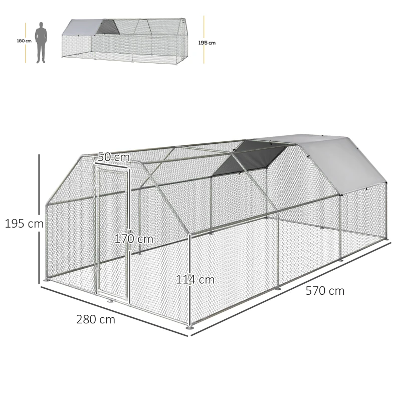 PawHut Gallinero de Exterior 2,8x5,7x1,95 m Gallinero Grande Cubierta de Tela Oxford y Corral de Metal Galvanizado Plata
