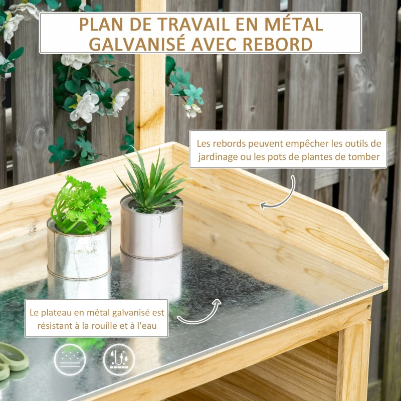 Outsunny Table de rempotage - table de jardinage avec 2 étagères plan de travail métal galvanisé avec rebord - table de plantation bois sapin pré-huilé - 4 crochets