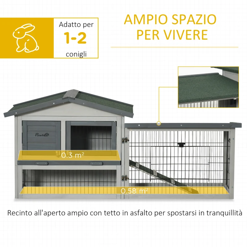 PawHut Conigliera a 2 Livelli in Legno d'Abete per Esterni con Tetto in Asfalto, 154.5x52.5x68.5cm, Grigio