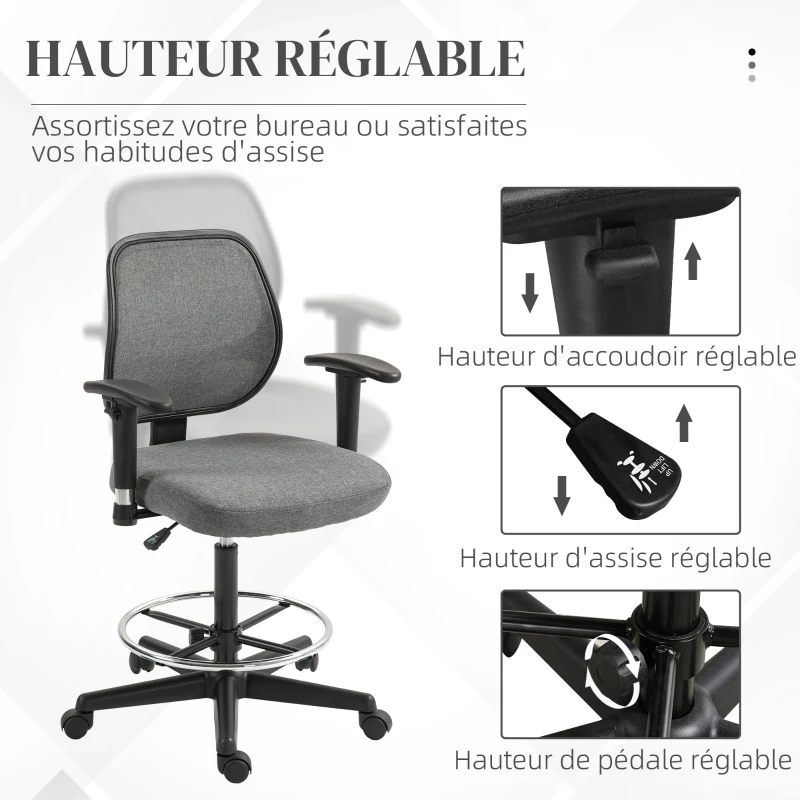 Vinsetto Fauteuil de bureau assise haute réglable, accoudoirs, dim. 60l x 57P x 97-119H cm sur roulettes, gris