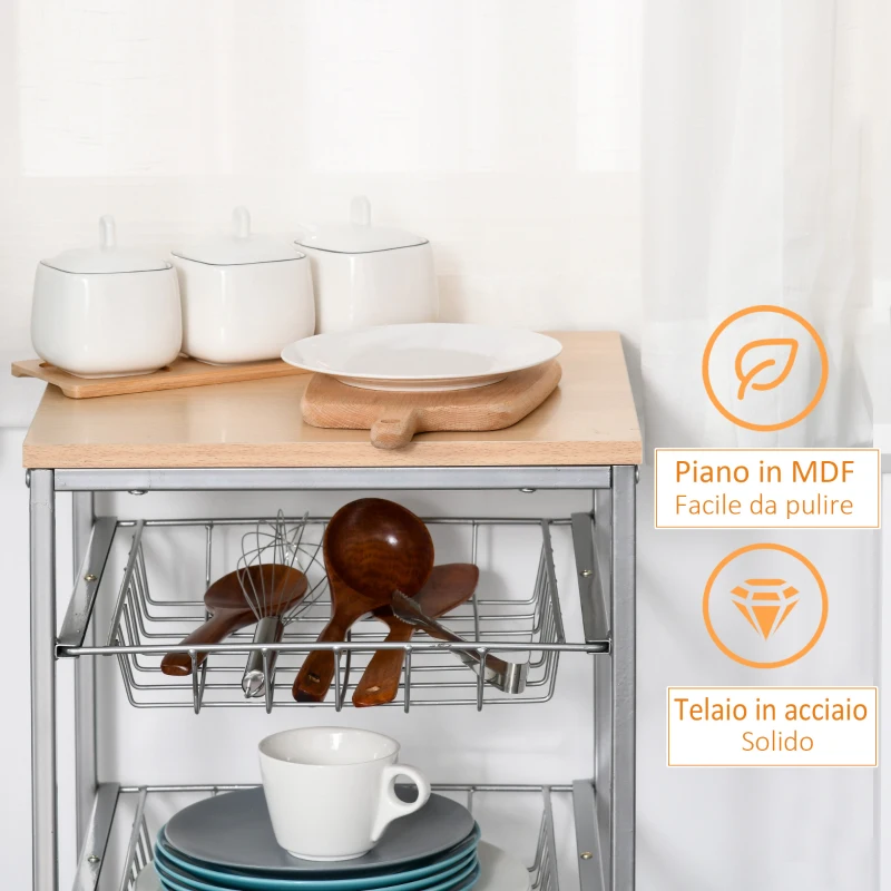 HOMCOM Carrello da Cucina Salvaspazio con 4 Cesti Estraibili in Legno e Acciaio, 36.5x36.5x89 cm, Argento e color Legno