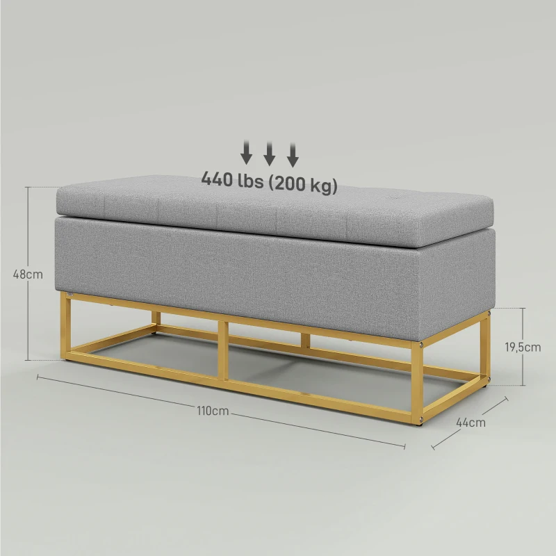 HOMCOM Banqueta con Almacenamiento Banco Rectangular Tapizado con Tapa Abatible y Patas de Acero 110x44x48 cm Gris