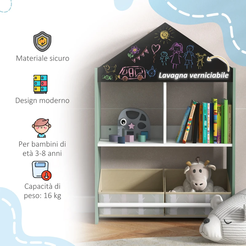 ZONEKIZ Scaffale Portagiochi per Bambini con Ripiani e Cassetti Rimovibili, Verde
