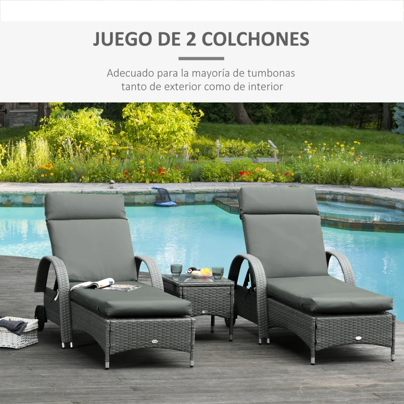 Outsunny Pack 2 Cojines para Tumbona 196x55x8 cm Colchonetas SOLO para Tumbona Acolchadas de Jardín Terraza Patio Gris