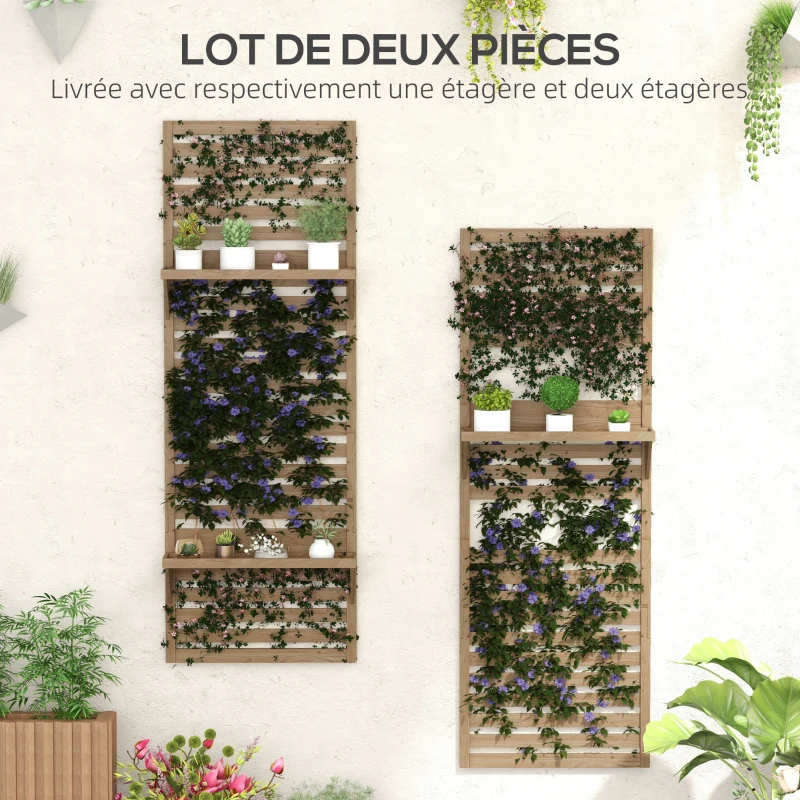 Outsunny Lot de 2 support plantes intérieur porte plante intérieure avec étagères et treillis 60 x 18 x 170 cm bois naturel