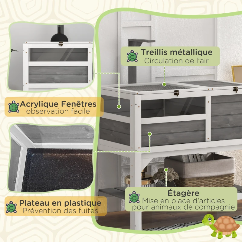 PawHut Maison enclos pour tortues sur pieds avec étagère de rangement en bois massif - 84 x 51 x 103 cm