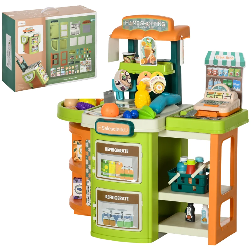 AIYAPLAY 58 Pieces Cash Register for Kids, Children Trolley, with Scanner, Pretend Food, Till, for Ages 3-6 Years