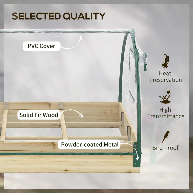 Outsunny Raised Bed with Greenhouse, Wooden Garden Planter Box with PVC Cover, Roll Up Windows, Dual Use for Vegetables, Plants, Flowers, 115 x 80 x 54 cm, Natural Wood Effect