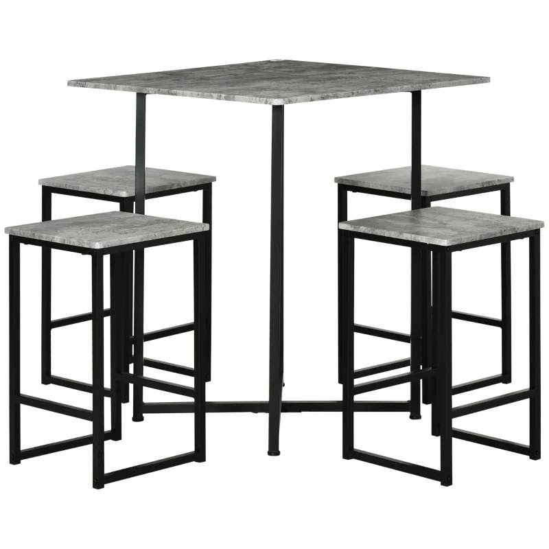 HOMCOM 5pc Bar Table Set, Square Dining Table Set for 4 People, Home Kitchen Breakfast Bar Set with Steel Frame and Footrest, Concrete Grey