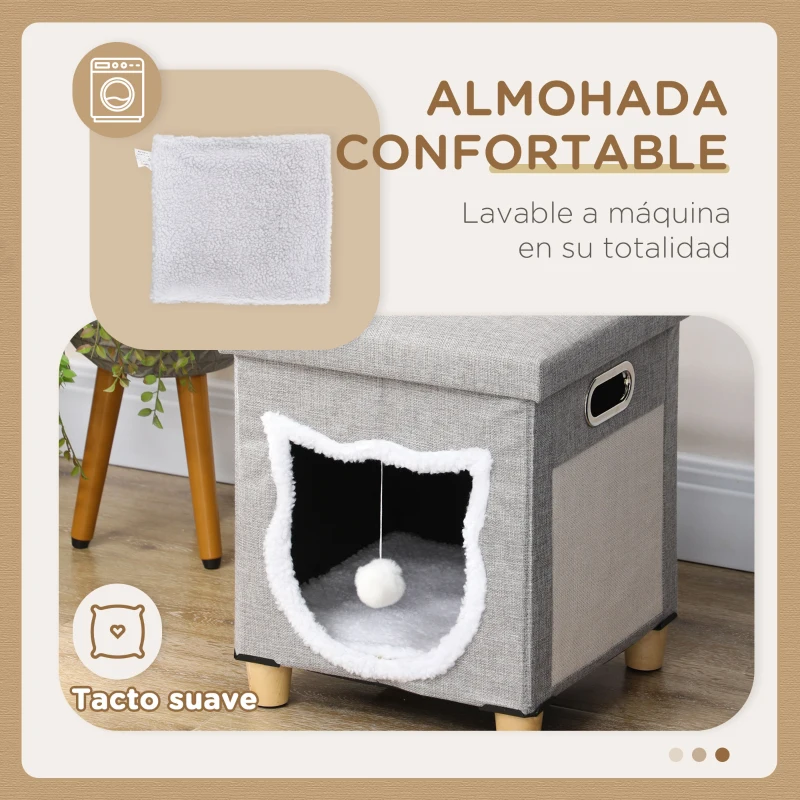 PawHut 2 en 1 Reposapiés Cama para Gatos con Cojín Extraíble Bola Colgante y Almohadilla para Rascar 35,5x35,5x42,5 cm Gris