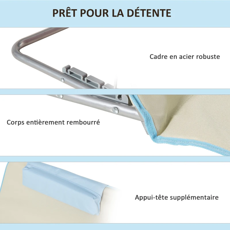 Outsunny Lot de 2 tapis de plage pliants avec dossier réglable 5 positions, appui-tête, tissu Oxford, sac de transport