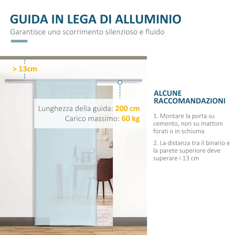 HOMCOM Porte Scorrevoli in Vetro Satinato da Interni con Binario B3 in Alluminio per Bagno Cucina Studio 205x90x0,8cm