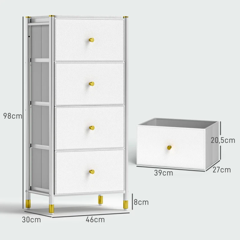 HOMCOM Cajonera de Tela con 4 Cajones Plegables con Frentes de PU y Marco de Acero Cajonera para Dormitorio Salón Blanco