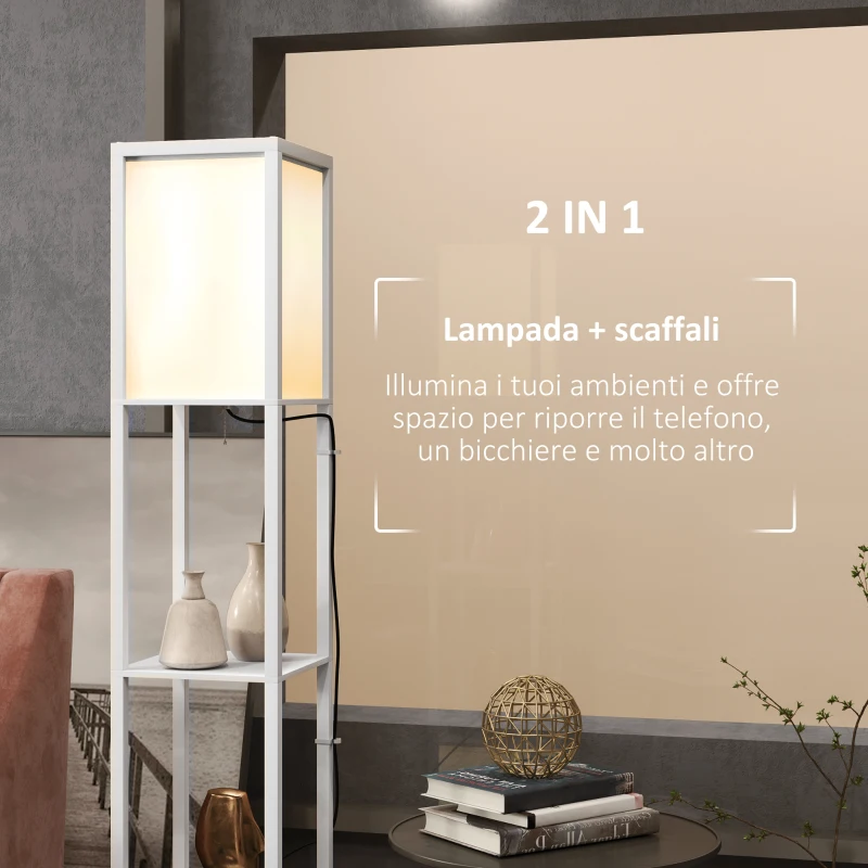 HOMCOM Lampada da Terra Moderna con 2 Paralumi e 2 Ripiani per Lampadine E27 Max. 40W, 26x26x156 cm, Bianco