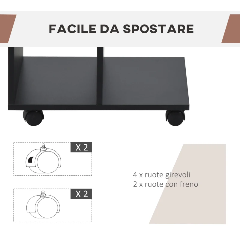HOMCOM Tavolino da Salotto a C con 2 Ripiani Aperti e 4 Ruote Girevoli, 45x35x58 cm, Nero