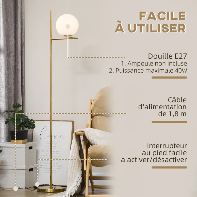 HOMCOM Lampadaire lampe à pied en métal avec abat-jour câble de 180 cm avec interrupteur à pied 30 x 25 x 159 cm or blanc