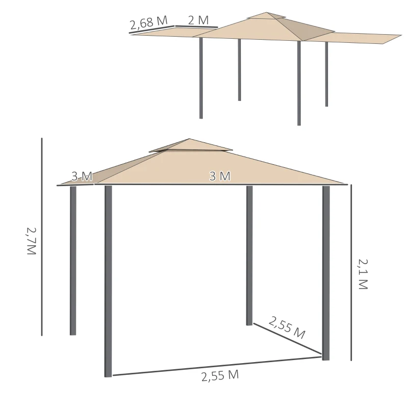 Outsunny Tonnelle pavillon de jardin 3x3m auvent pliable double toit pour ventilation auvents réglables structure en métal tissu polyester 3L x 3l x 2,7H m beige
