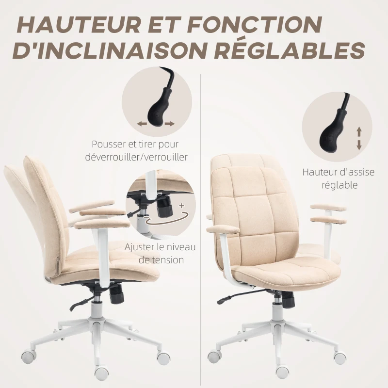 HOMCOM Chaise bureau fauteuil de bureau avec hauteur réglable, fonction à bascule, roulettes pivotantes, charge 120 Kg, beige